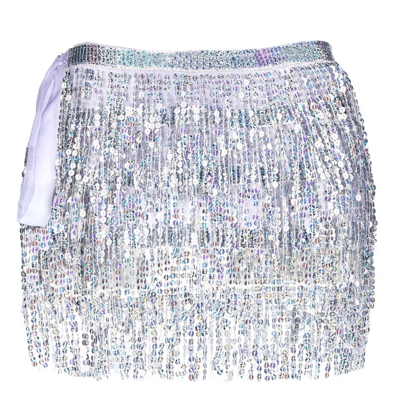 *daisysboutique* Women Belly Dance Skirt Fringe Skirts Sparkly Sequin Hip Scarf Party Costume (One Size, 1 Piece Silver) - Image 1